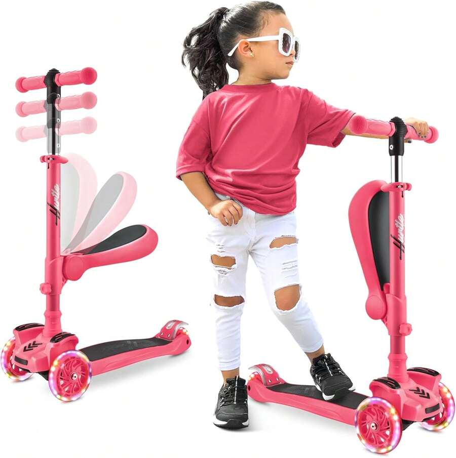 Hurtle Scooter de 3 Ruedas para Niños y Niñas 1 Año en Adelante, Patin del Diablo, Luces LED en Las Ruedas, Manillar Ajustable y Asiento Plegable, Modo Sentado o de Pie con Freno - 1 - Ver 1