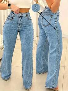 Chicsale Women's High-Waisted Straight Leg Denim Jeans With Pockets And Beaded Detail - Non-Stretch Washed Denim For A Stylish Look - 中等水洗藍 - 查看 2