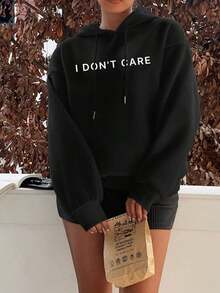 Casual Simple "I Don't Care" Graphic Print White Hooded Long Sleeve Loose Thick Fleece Sweatshirt For Women Back To School Fall And Winter Clothing HoodieY2Y-W-Sudaderas - 黑色 - 查看 3