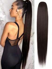 36英寸/92厘米长直马尾假发，女士自然隐形抽绳马尾 - 黑色 - 查看 15