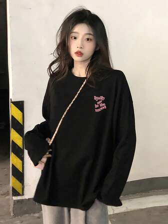 女士休闲棉质宽松字母印花圆领长袖 T 恤，时尚百搭，春秋季