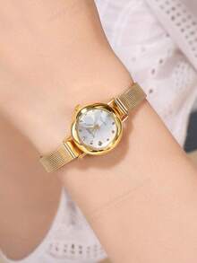 1 pieza Reloj de cuarzo de mujer pequeño, multifuncional y de moda, con esfera redonda y sencilla, correa de aleación, reloj de pareja o hermanas, adecuado para uso diario y como regalo de vacaciones - Dorado - Ver 4