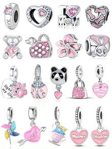 1 Pc Lovely Pink Series Flowers, Hearts, Bears, Rabbits, Dogs, Pandas, Ladybugs, Love, Love Mom, Cups, Pink Beads Charm Bead Fit For Women Bracelets Bangles DIY Jewelry Making And Daily Outfit Matching Jewelry Decoration For Girls Valentines - Pink - View 1