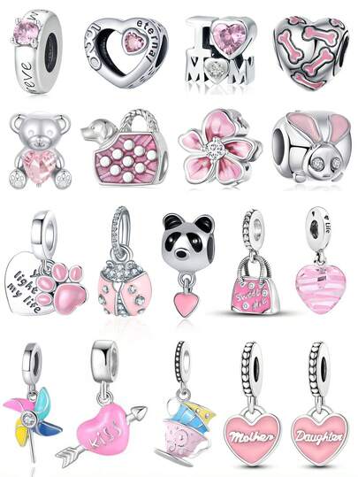 1 Pc Lovely Pink Series Flowers, Hearts, Bears, Rabbits, Dogs, Pandas, Ladybugs, Love, Love Mom, Cups, Pink Beads Charm Bead Fit For Women Bracelets Bangles DIY Jewelry Making And Daily Outfit Matching Jewelry Decoration For Girls Valentines