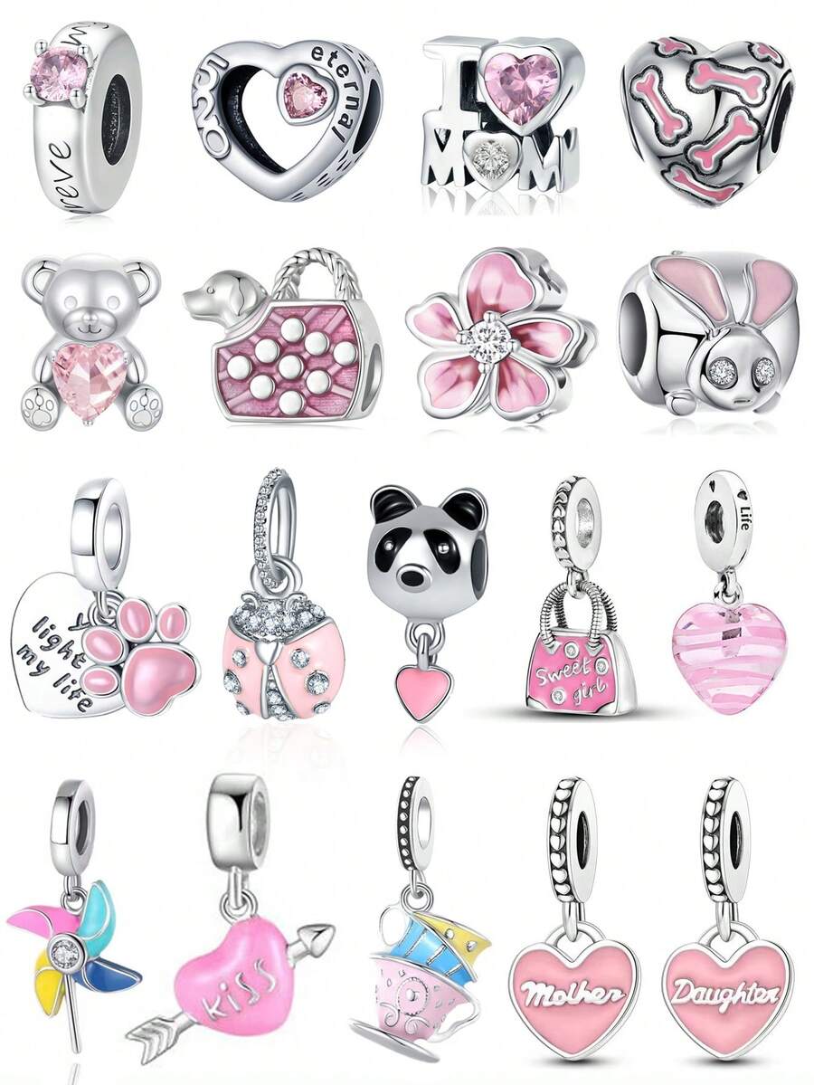 1 Pc Lovely Pink Series Flowers, Hearts, Bears, Rabbits, Dogs, Pandas, Ladybugs, Love, Love Mom, Cups, Pink Beads Charm Bead Fit For Women Bracelets Bangles DIY Jewelry Making And Daily Outfit Matching Jewelry Decoration For Girls Valentines - Pink - View 1