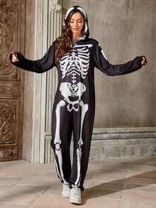 Halloween Skull Print Jumpsuit With Hood, Masquerade Party Costume Suitable For Carnival, Halloween Stage Performance