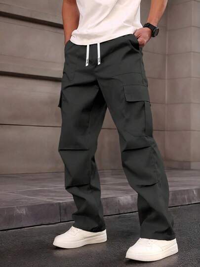 1pc Tween Boys Solid Color Drawstring Waist Cargo Pocket Straight Casual Pants,Casual Daily Wear
