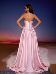 Fitted Strapless Women Evening Dress For Party - Pink - View 3