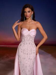 Fitted Strapless Women Evening Dress For Party - Pink - View 6
