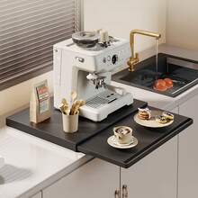 1 pezzo Portaoggetti da cucina multifunzione con ripiano estraibile - Supporto in acciaio al carbonio per forno a microonde, tostapane, bollitore e pentole, montaggio a parete, larghezza regolabile