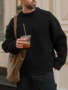 Men's Solid Color Streetwear Business Casual Pullover Knit Sweater - Black - View 3