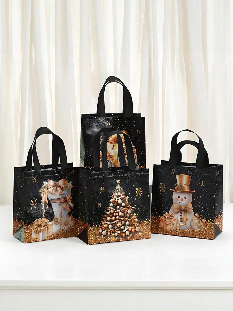 12 pungi de cadouri festive de Crăciun - model cu om de zăpadă, brad și șosetă, negre și aurii cu mânere, genți tote nețesute pentru petreceri de sărbători, pungi de cadouri de Crăciun