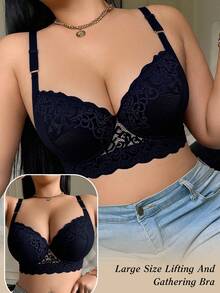 女士加大码蕾丝文胸，提胸文胸，无缝性感内衣，女士聚拢文胸，防下垂舒适文胸，深V文胸 - 黑色 - 查看 8