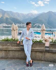 Blue Seersucker 2 Piece Casual Summer Beach Men's Suit Set With Stripes Weddings HXX0 - Màu vàng - Xem 7