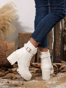 欧美简约时尚秋冬新款西部高跟短靴金属腰带水钻扣装饰粗跟厚底靴子靴子 - 白色 - 查看 5