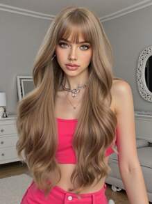 Long Curly Wig With Bangs, Braided Synthetic Hair Fiber, Realistic Scalp Effect For Everyday Wear - Linen Brown - View 12
