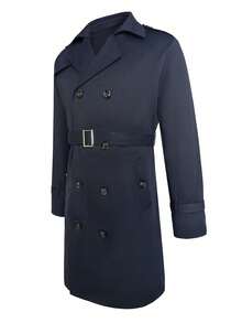 Abrigo largo de trinchera de manga larga azul marino para hombre con botones doble botonadura y cinturón, adecuado para uso casual y de negocios en otoño