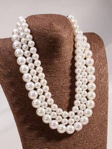 1 件欧美风格多圈仿珍珠项链，多层项链，多层，轻奢小众项链，毛衣链 - 白色 - 查看 4