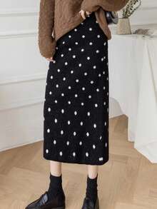 法式优雅风格复古波尔卡圆点针织裙，修身版型，适合圣诞节、新年、通勤、约会、秋冬 - 黑色 - 查看 4