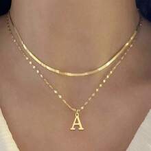 2 Pack Women's Elegant Double Layer Necklace With A-Z Letter Pendant And Snake Bone Chain - Vàng - Xem 1