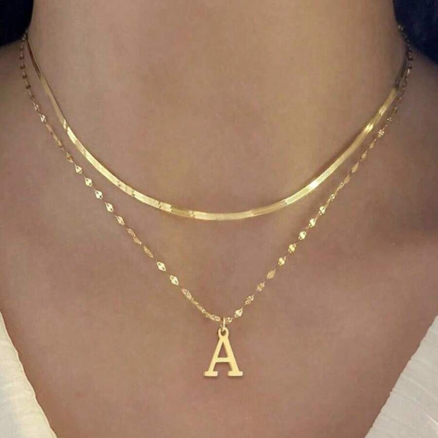 2 Pack Women's Elegant Double Layer Necklace With A-Z Letter Pendant And Snake Bone Chain - Vàng - Xem 1