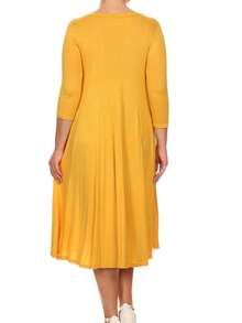 Plus Size Casual 3/4 Sleeves Basic A-Line Pleated Solid Midi Dress  Wedding - Mustard Yellow - View 4