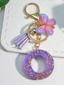 1pc Resin Starry Sky Epoxy English Letter Keychain With Tassel & Fluffy Pom Pom Decor, Gift For Friends & Mothers, Heart Pendant Christmas - Purple - View 12