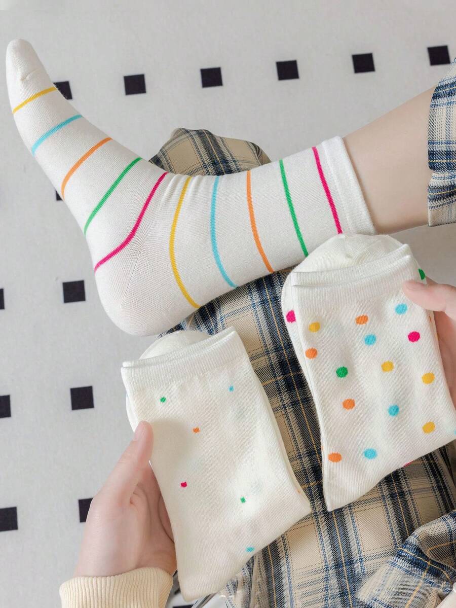 3 pares de calcetines de media caña con lunares de colores para mujer, estilo universitario, para primavera y otoño