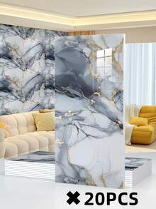 10pcs/Set 1.8㎡ PVC 3D Embossed Blue & Gold Marble Pattern Ceramic Tile Wall Sticker, Waterproof, Mildew-Proof, Decorative Wall Panel For Kitchen & Bathroom - Blue Gilded - View 15