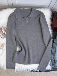 Korean Fashion Elegant Knitted Polo Collar Sweater For Women, Metal Decor, Long Sleeve Pullover Top, Suitable For Commuting, Dating, Can Be Worn Inside Or Outside, Autumn/Winter