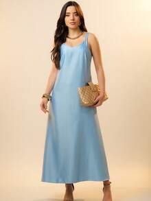 Italian Style Boat Neck Sleeveless Fitted Dress For Women - 藍色 - 查看 2