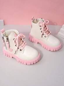 儿童短靴，新款秋冬女童靴，休闲童鞋，中帮系带侧拉链踝靴，粉色 - 粉色 - 查看 7