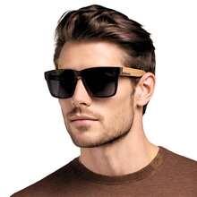 Premium Bamboo Wood Sunglasses For Men, Square, Summer, Casual - 黑色 - 查看 1