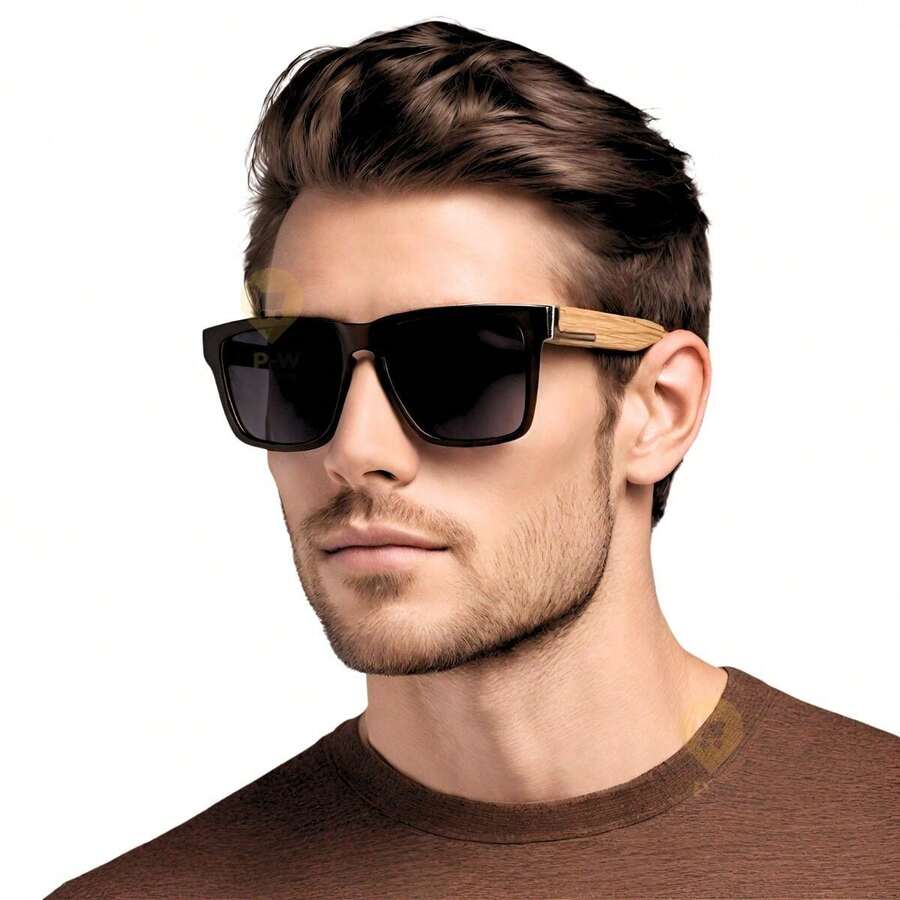 Premium Bamboo Wood Sunglasses For Men, Square, Summer, Casual - 黑色 - 查看 1