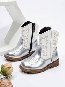 Giày bốt thêu họa tiết mùa thu/đông, giày bốt trẻ em đế bằng kiểu miền Tây mới, ấm áp, thoải mái, chống mài mòn, đa năng, giày bốt cổ thấp thời trang tối giản có khóa kéo bên hông - Bạc - Xem 5