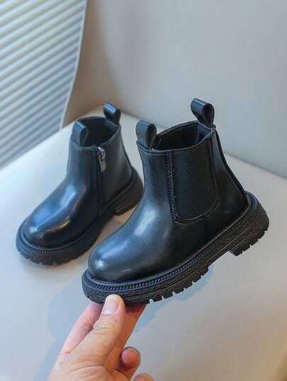 1 Pair Infant/Toddler Girls' Chelsea Boots, Soft & Comfortable Elastic Fabric + PU Material, Warm Lining, Zipper Design, Round Toe, Flexible Sole, Classic British Style, Suitable For Indoor/Outdoor, Casual, School, Autumn/Winter