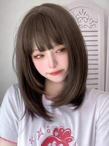 alicegarden 1 款合成耐热直发假发，带刘海，16 英寸长短直发假发，由纤维制成，时尚假发，自然逼真的假发 - 棕色 - 查看 3