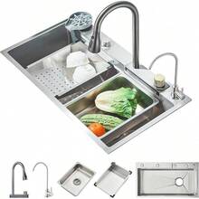 Fregadero De Cocina, Acero Inoxidable Fregadero De Cocina con Cascada, Moderno Tarjas Para Cocina de lluvia Volador con Dispensador y Accesorios para Bar, Comedor(80 * 45cm) - Cepillado - Ver 12