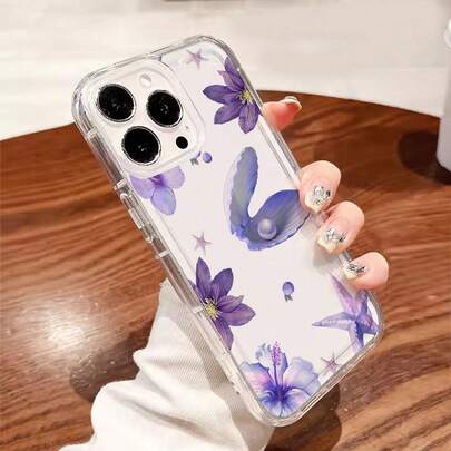 Floral, Shell, Pearl & Starfish Transparent Anti-Drop Phone Case Compatible With IPhone 16/15/14/13/12/11, Fashionable Niche Design, Purple