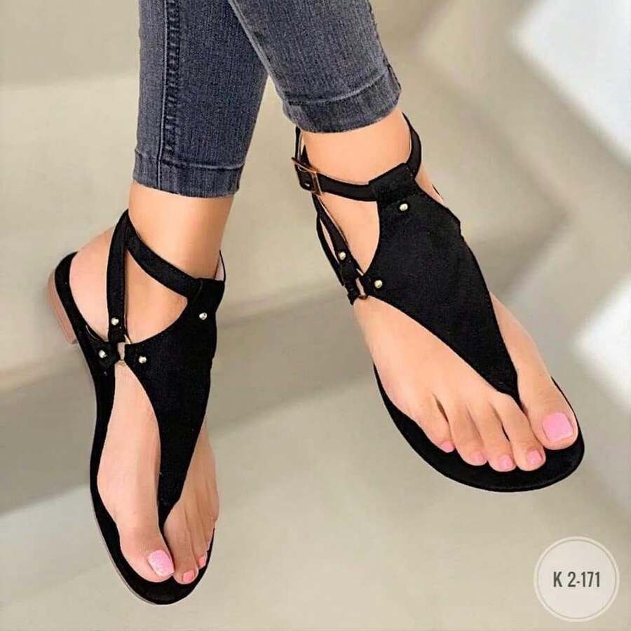 European And American Summer Large Size Casual Flat Toe Strap Beach Shoes Buckle Sandals For Women - Light Brown - View 1