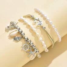 4Pcs/Set Ocean Style Imitation Pearl Shell Chain Ankle Chain Foot Accessories Heart Starfish Pendant Women's Christmas Gift - 白色 - 查看 4