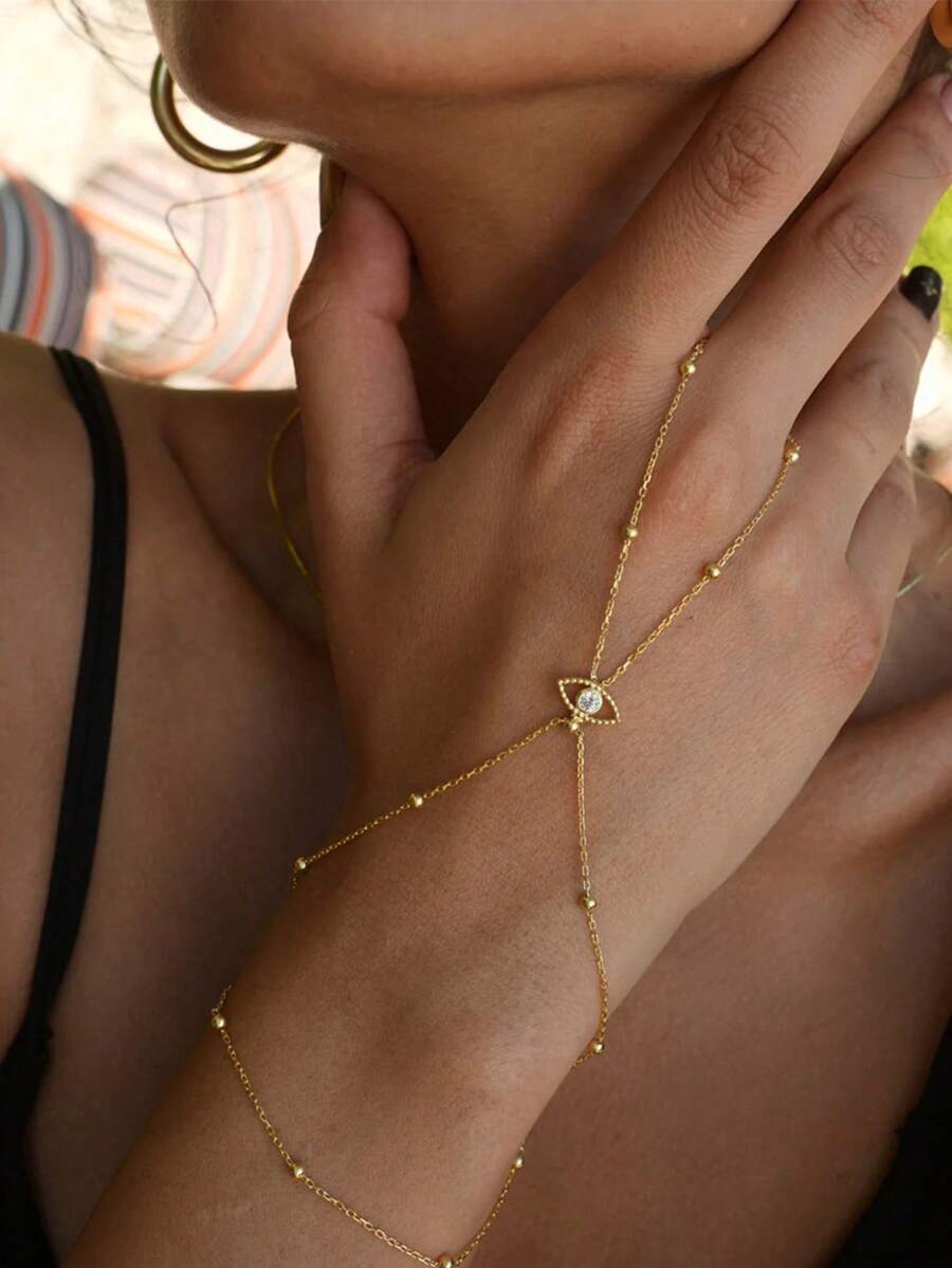1pc New Demon Eye Linked Finger Chain Bracelet, Niche Design, Minimalist Vintage Chain Hand Harness, Fashion Accessory