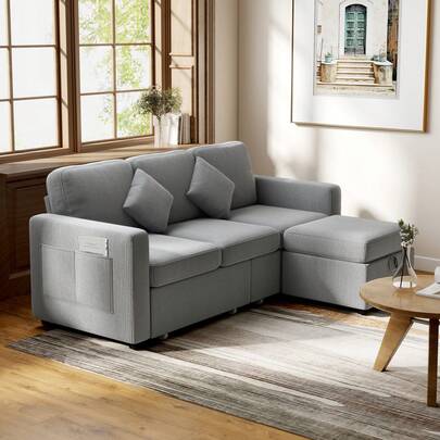  HOMCOM Divano Angolare 3 Posti Divano ad Angolo Modulare in Velluto a Coste 196x139x85 cm con Contenitore Poggiapiedi Rimovibile e Cuscini, Divano a L Reversibile per Salotto Soggiorno, Grigio Chiaro