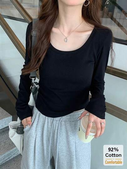 Women's Cotton Long Sleeve T-Shirt, Versatile Black U-Neck Pullover, Slim Fit Solid Color Base Layer, Autumn/Winter