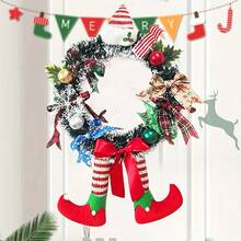 1pc Christmas Elf Leg Wreath With Red Bow - Artificial Holiday Door Hanger Decor, No Feathers, Wooden Material, Hanging Style, No Power Required