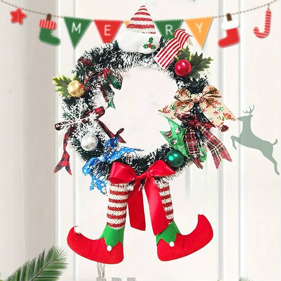 1pc Christmas Elf Leg Wreath With Red Bow - Artificial Holiday Door Hanger Decor, No Feathers, Wooden Material, Hanging Style, No Power Required