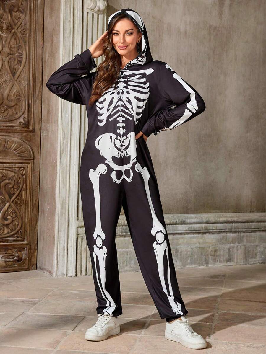 Halloween Skull Print Jumpsuit With Hood, Masquerade Party Costume Suitable For Carnival, Halloween Stage Performance