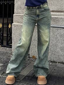 ¡BRILLO Clásico! Pantalones Vaqueros Rectos Mujer de Color Sólido - Tiro Medio, Lavado Vintage, Estilo Retro - Retro - Ver 2