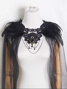 一件哥特式圣诞/新年派对羽毛黑色面纱斗篷缎面斗篷，羽毛披风斗篷配黑色毛领网纱缎面斗篷及膝长尾舞台表演服装，性感缎面派对套装（不含面具），一款非常个性化的羽毛斗篷，适合搭配女士连衣裙、女王装扮、角色扮演披肩和吊带背心，暗黑风格 - 彩色 - 查看 3