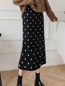 法式优雅风格复古波尔卡圆点针织裙，修身版型，适合圣诞节、新年、通勤、约会、秋冬 - 黑色 - 查看 6